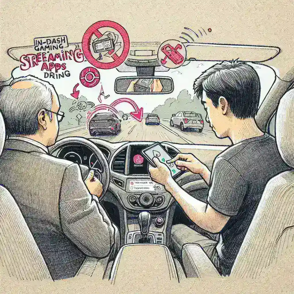 "Infographic illustrating NHTSA's study on the effects of in-dash gaming and streaming apps on driver distraction and road safety."