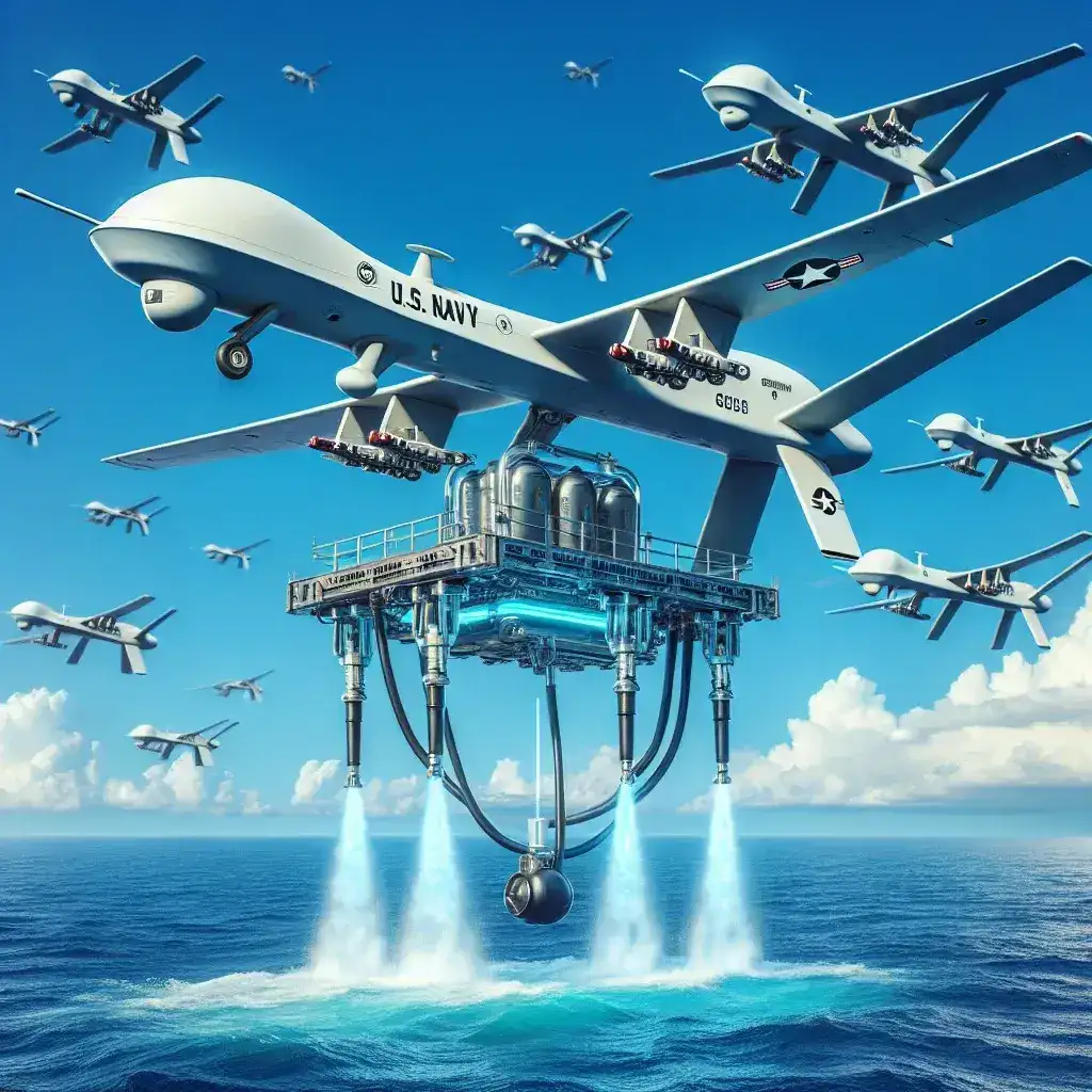 "U.S. Navy pilot operating AI-powered unmanned aerial refueling system, showcasing advanced drone technology for military aviation efficiency and innovation."