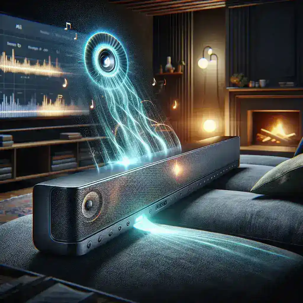 "JBL Bar 1000 soundbar with AI Dialog Enhancement Mode showcased in a modern living room setting, enhancing audio clarity for movies and dialogues."