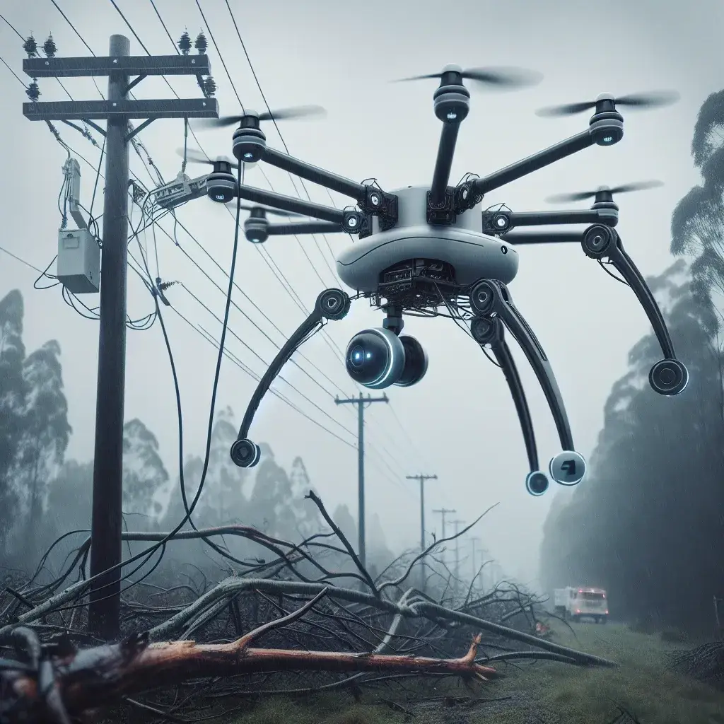 "AI-powered robotic drone inspecting and repairing downed power lines after a storm, showcasing advanced technology for autonomous restoration of electrical infrastructure."