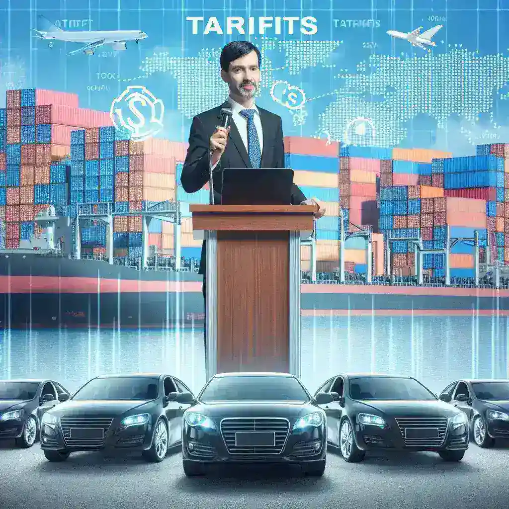 "Illustration depicting the impact of Trump's tariff policies on market pricing, featuring safe harbor brands and economic graphs, relevant to the article 'Trump’s Tariff Talk and Carve-Outs: Understanding Market Pricing of Safe Harbor Brands.'"